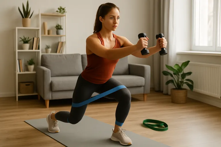 Thuis trainen in weinig ruimte met dynamische bewegingen rechtop voor meer kracht, balans en een sterke core